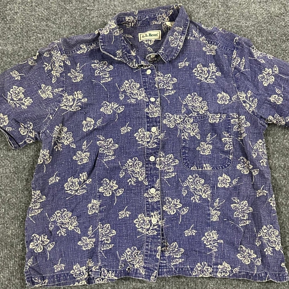 L.L. Bean Shirt Womens Size 12 Blue Linen Floral Relaxed Short Sleeve Button Up